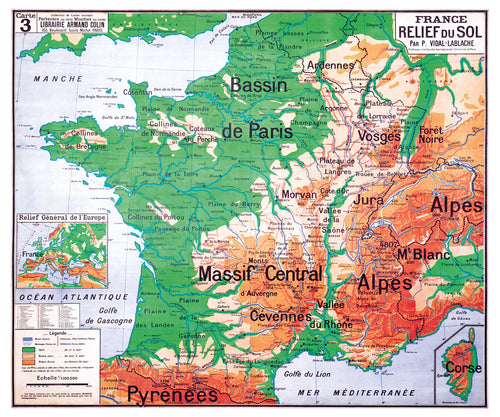 Carte Vidal Lablache 3 - FRANCE RELIEF DU SOL - 120 x 100 cm (reproduction ancienne carte scolaire)