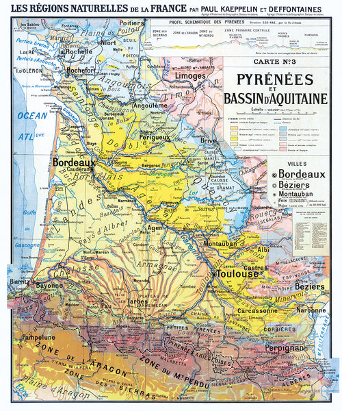 Carte Paul Kaeppelin 3 - PYRENEES ET BASSIN D'AQUITAINE - VILLES - 100 x 120 cm (reproduction ancienne carte scolaire)