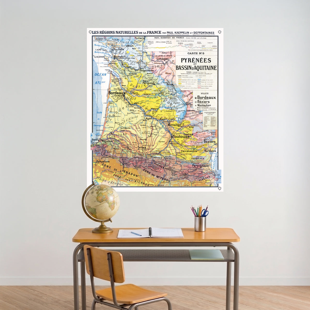 Carte Paul Kaeppelin 3 - PYRENEES ET BASSIN D'AQUITAINE - VILLES - 100 x 120 cm (reproduction ancienne carte scolaire)