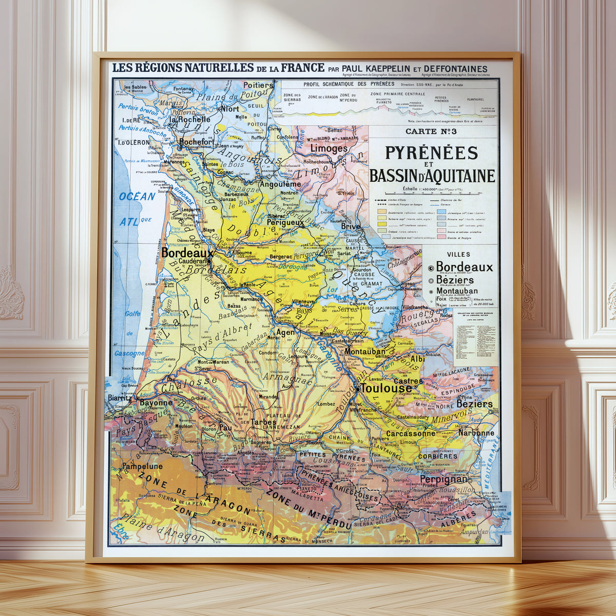 Carte Paul Kaeppelin 3 - PYRENEES ET BASSIN D'AQUITAINE - VILLES - 100 x 120 cm (reproduction ancienne carte scolaire)