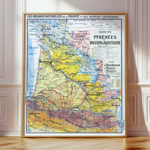 Carte Paul Kaeppelin 3 - PYRENEES ET BASSIN D'AQUITAINE - VILLES - 100 x 120 cm (reproduction ancienne carte scolaire)