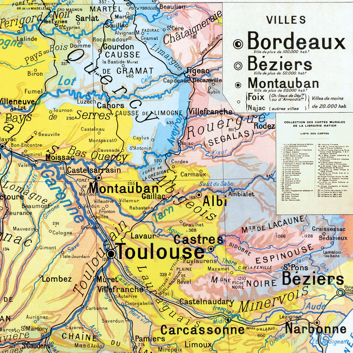 Carte Paul Kaeppelin 3 - PYRENEES ET BASSIN D'AQUITAINE - VILLES - 100 x 120 cm (reproduction ancienne carte scolaire)