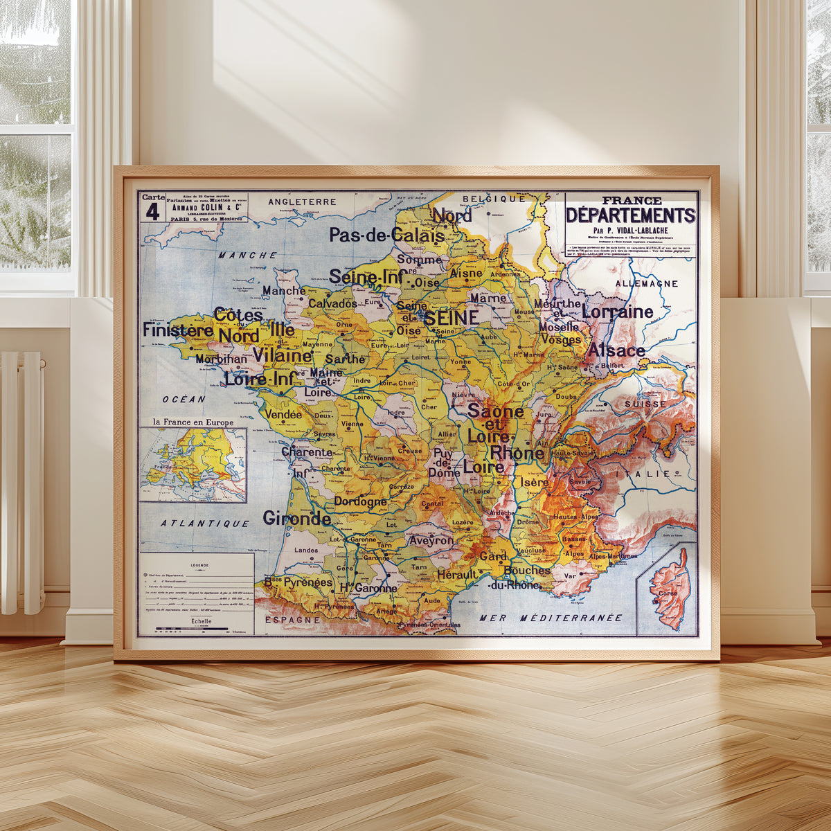 Carte Vidal Lablache 4 - FRANCE DEPARTEMENTS - 120 x 100 cm (reproduction ancienne carte scolaire)