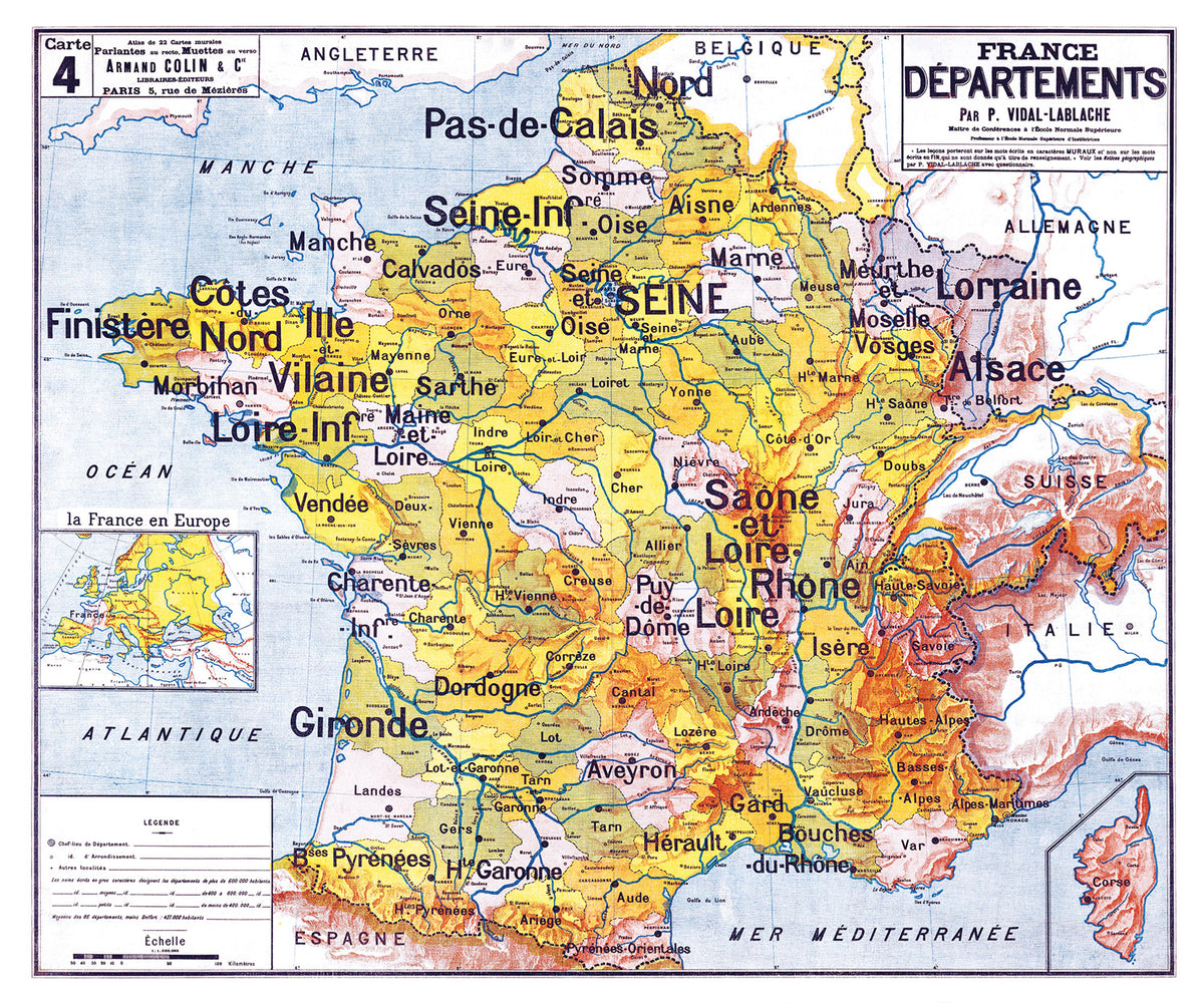 Carte Vidal Lablache 4 - FRANCE DEPARTEMENTS - 120 x 100 cm (reproduction ancienne carte scolaire)