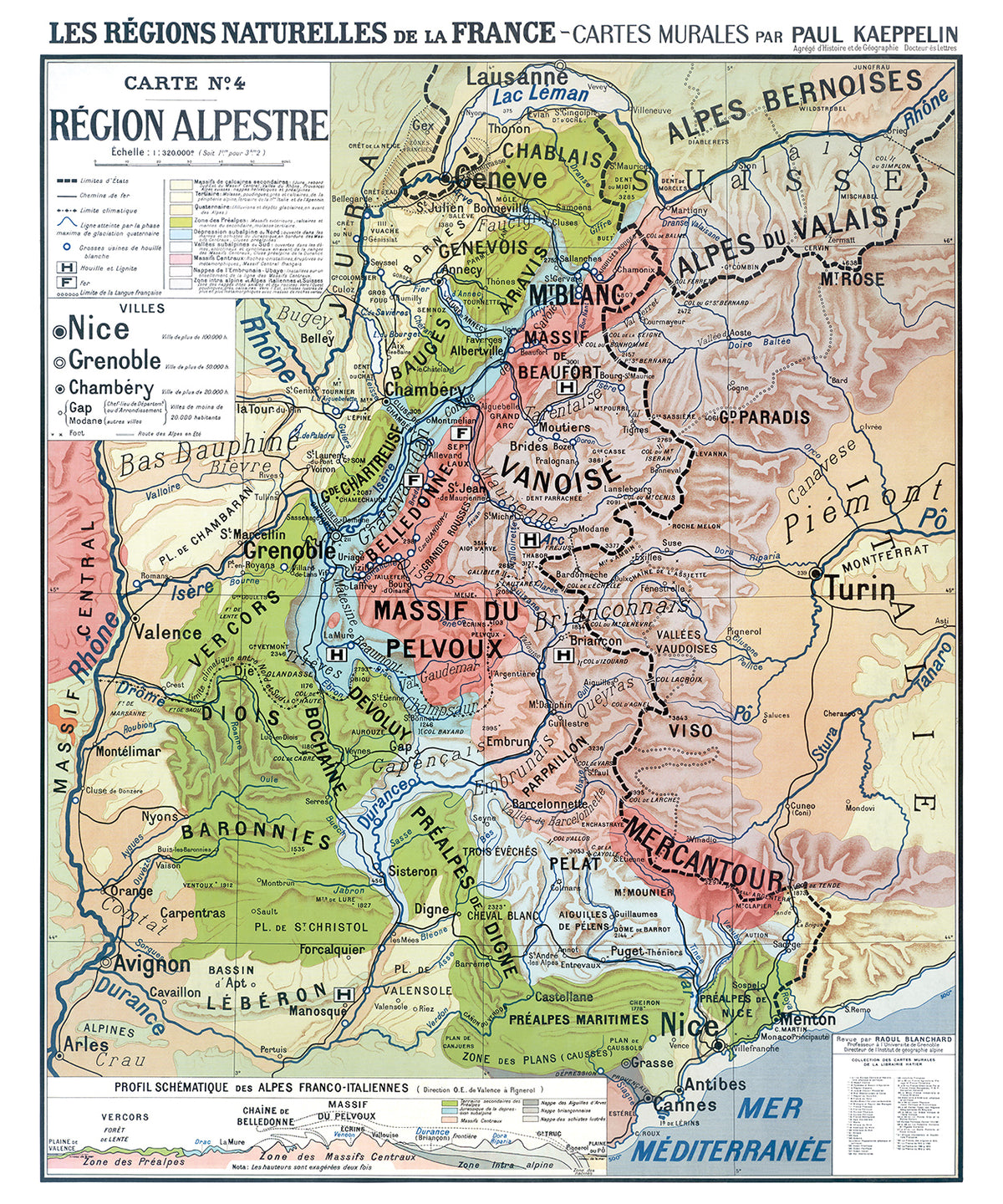 Carte Paul Kaeppelin 4 - REGION ALPESTRE - VILLES - 100 x 120 cm (reproduction ancienne carte scolaire)