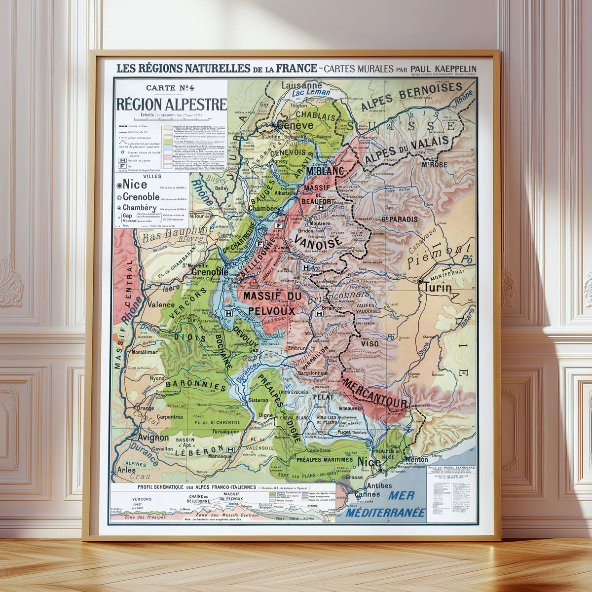 Carte Paul Kaeppelin 4 - REGION ALPESTRE - VILLES - 100 x 120 cm (reproduction ancienne carte scolaire)
