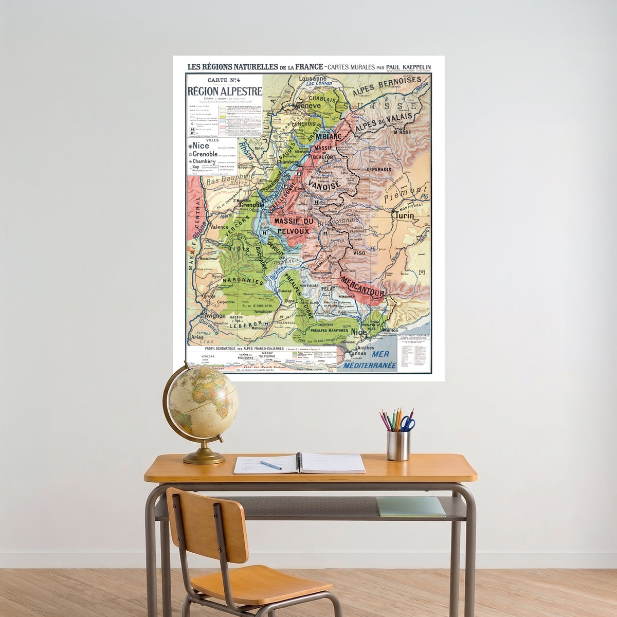 Carte Paul Kaeppelin 4 - REGION ALPESTRE - VILLES - 100 x 120 cm (reproduction ancienne carte scolaire)