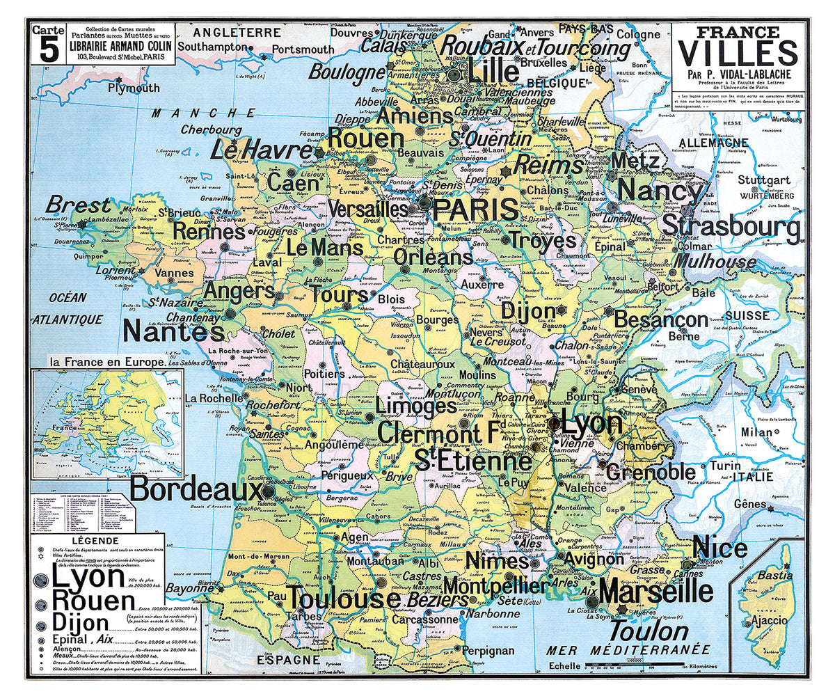 Carte Vidal Lablache 5 - FRANCE VILLES - 120 x 100 cm (reproduction ancienne carte scolaire)