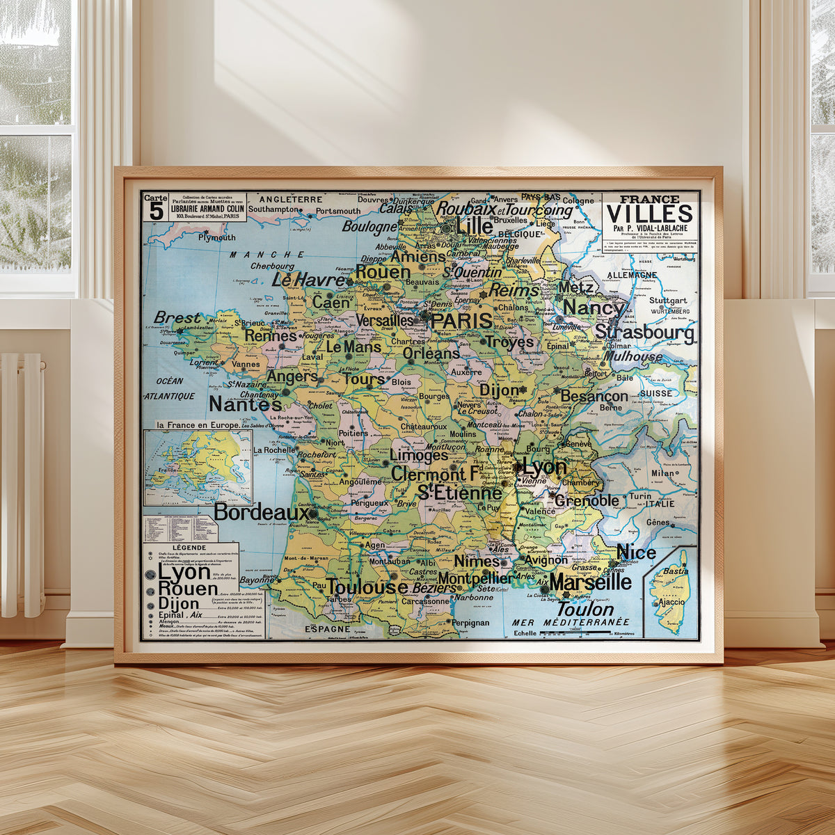 Carte Vidal Lablache 5 - FRANCE VILLES - 120 x 100 cm (reproduction ancienne carte scolaire)