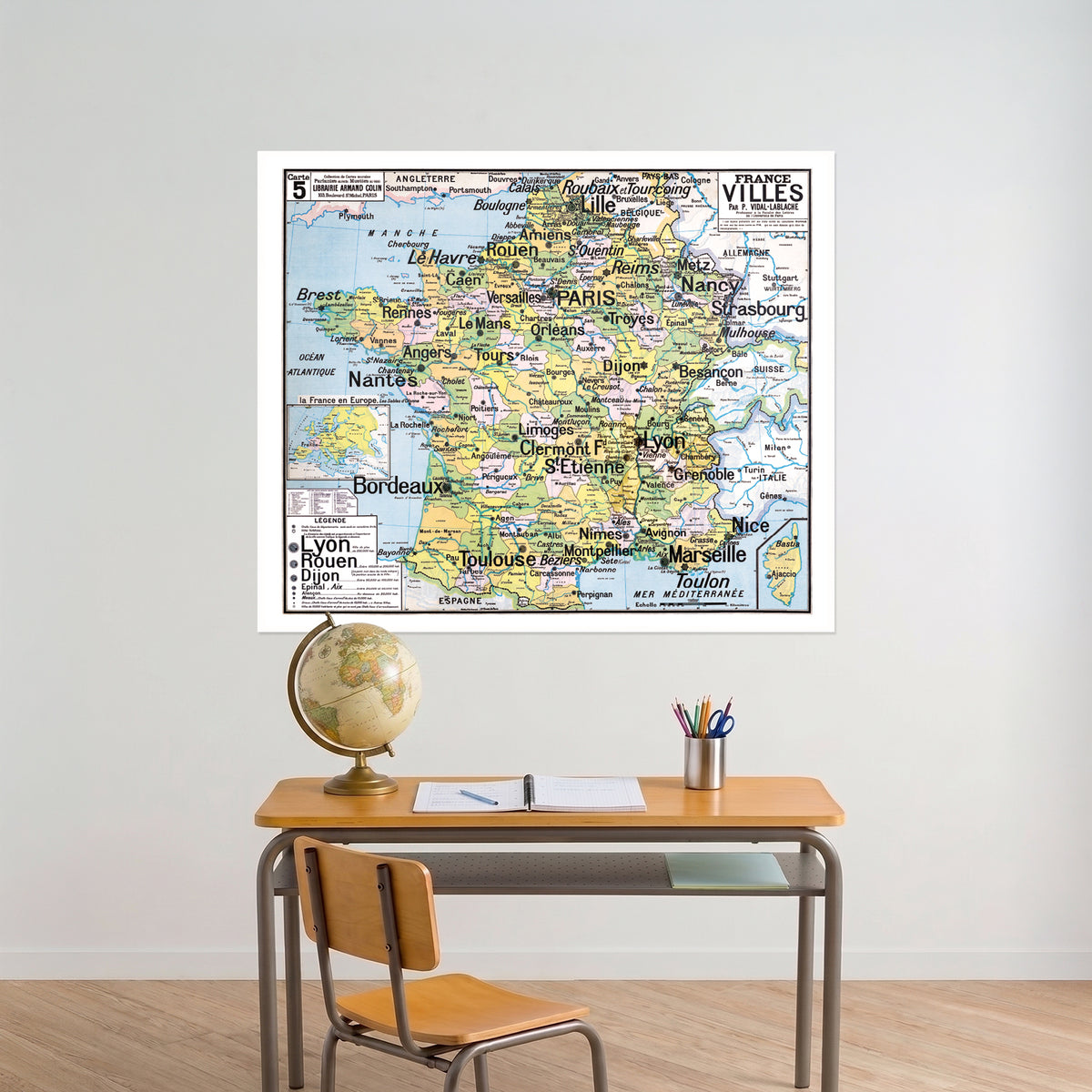 Carte Vidal Lablache 5 - FRANCE VILLES - 120 x 100 cm (reproduction ancienne carte scolaire)