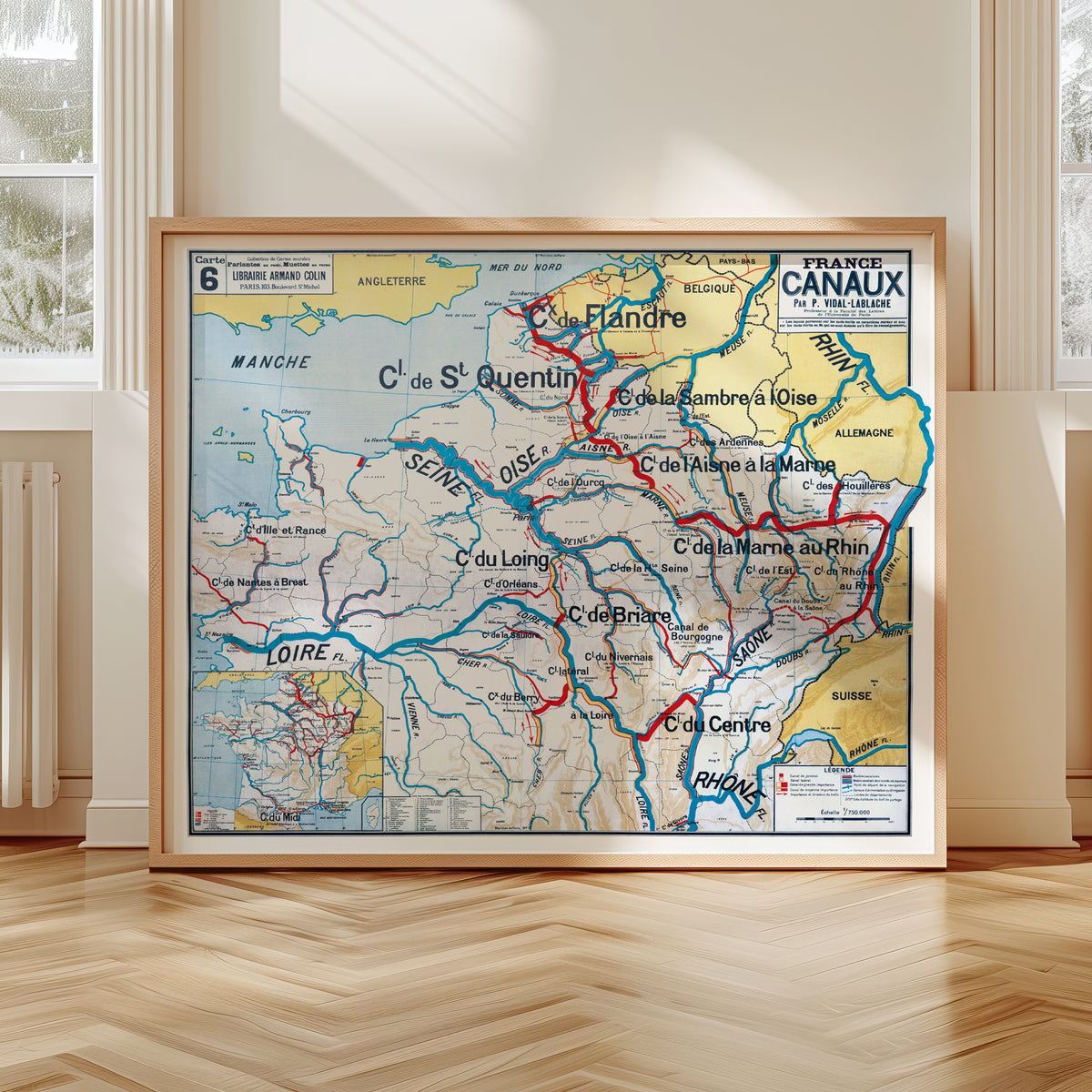 Carte Vidal Lablache 6 -  FRANCE CANAUX - 120 x 100 cm (reproduction ancienne carte scolaire)