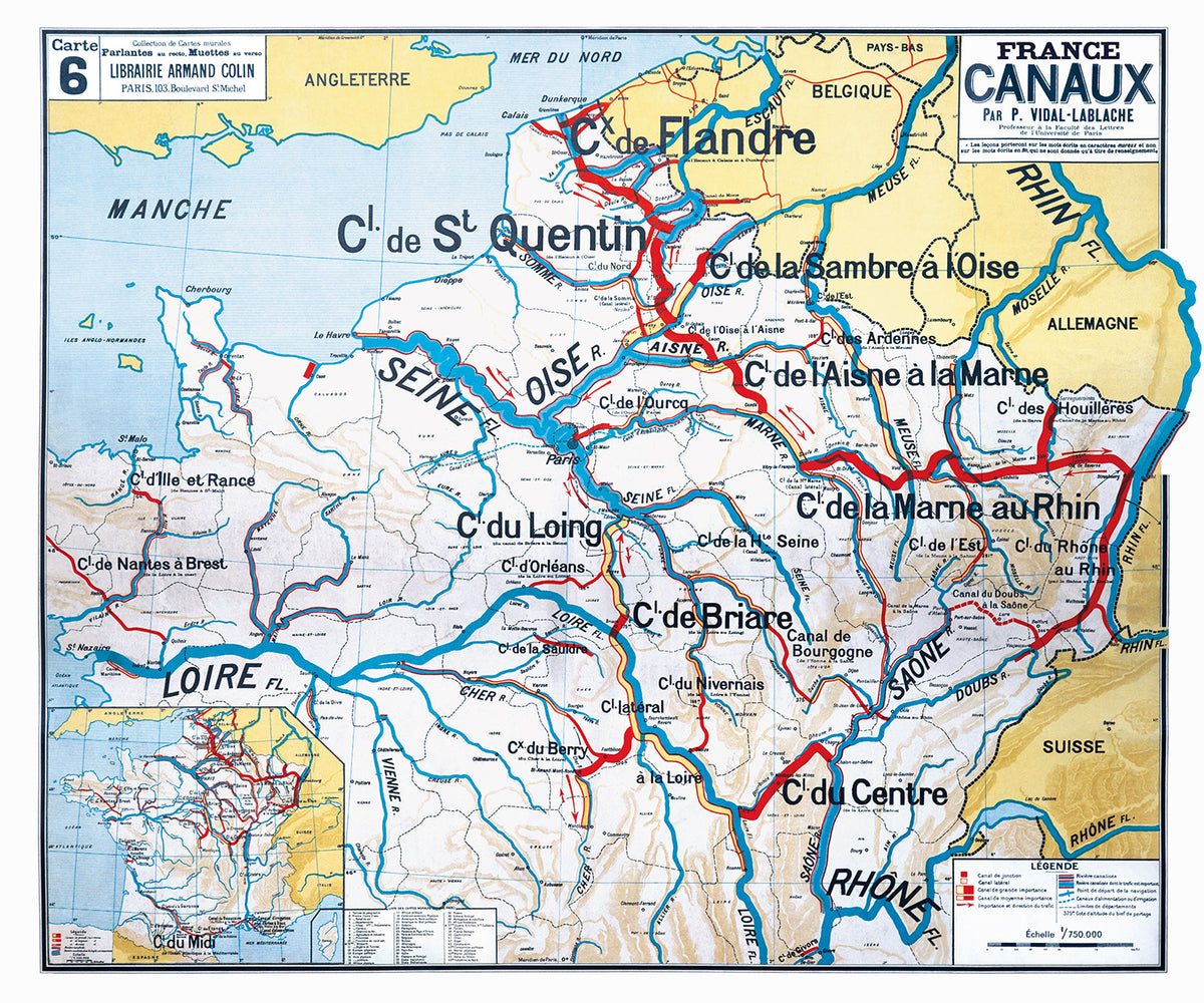 Carte Vidal Lablache 6 -  FRANCE CANAUX - 120 x 100 cm (reproduction ancienne carte scolaire)