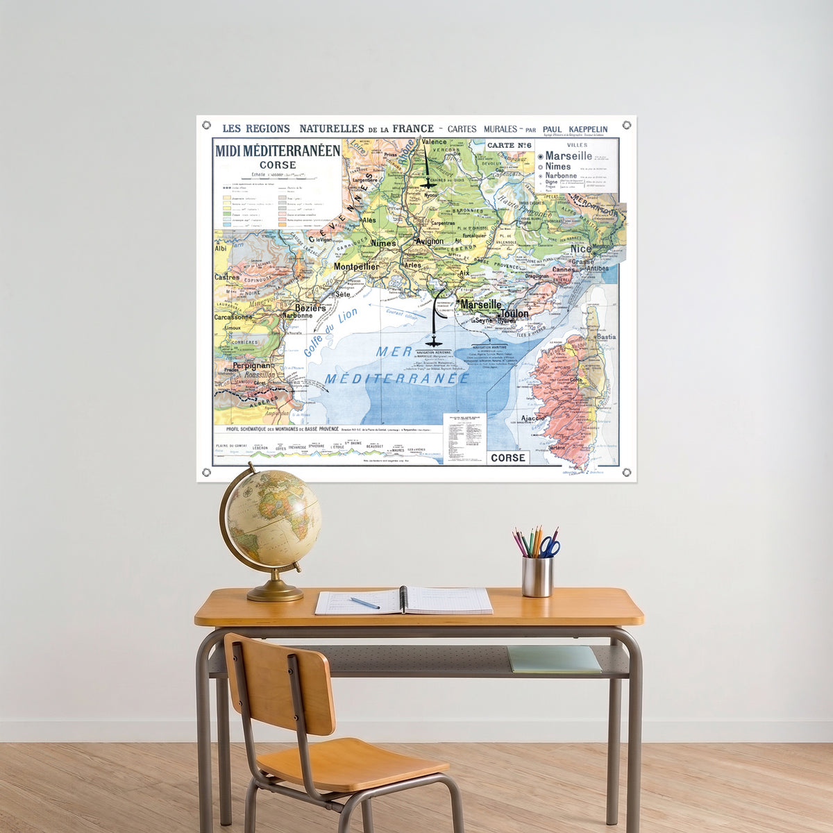 Carte Paul Kaeppelin 6 - MIDI MEDITERRANEEN ET CORSE - VILLES - 120 x 100 cm (reproduction ancienne carte scolaire)