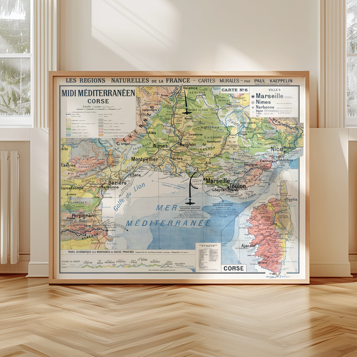 Carte Paul Kaeppelin 6 - MIDI MEDITERRANEEN ET CORSE - VILLES - 120 x 100 cm (reproduction ancienne carte scolaire)