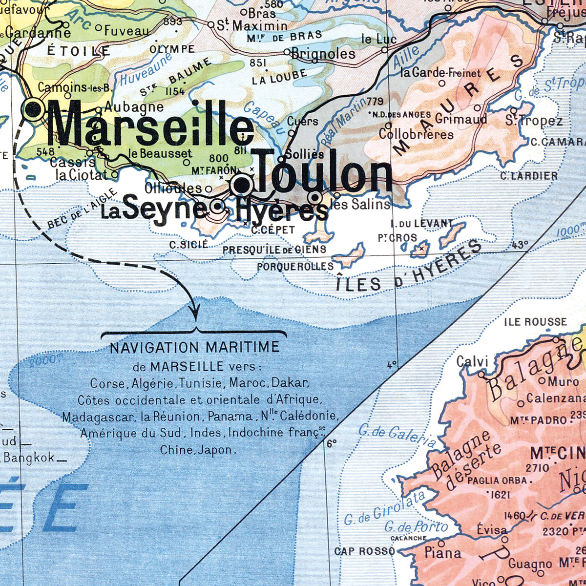 Carte Paul Kaeppelin 6 - MIDI MEDITERRANEEN ET CORSE - VILLES - 120 x 100 cm (reproduction ancienne carte scolaire)