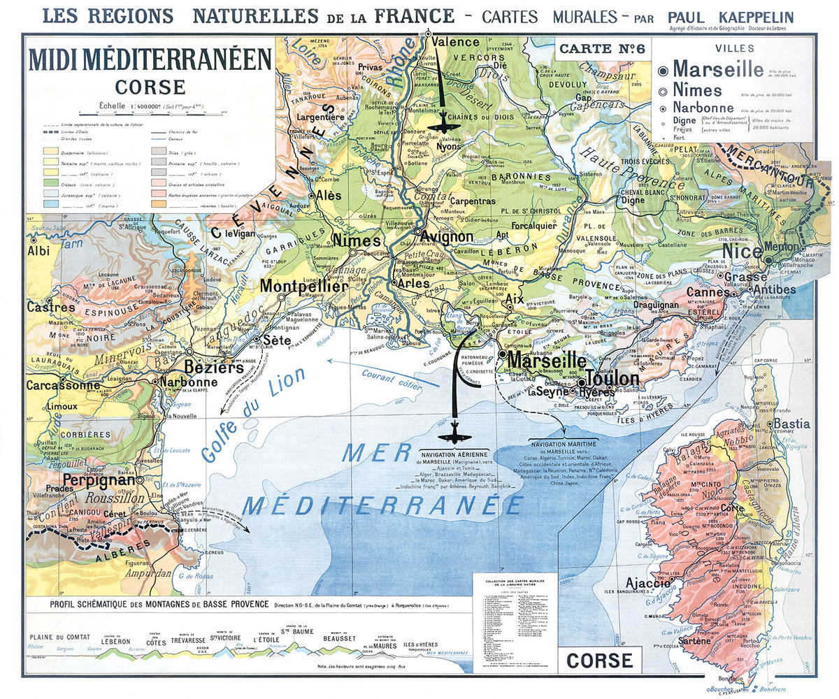 Carte Paul Kaeppelin 6 - MIDI MEDITERRANEEN ET CORSE - VILLES - 120 x 100 cm (reproduction ancienne carte scolaire)