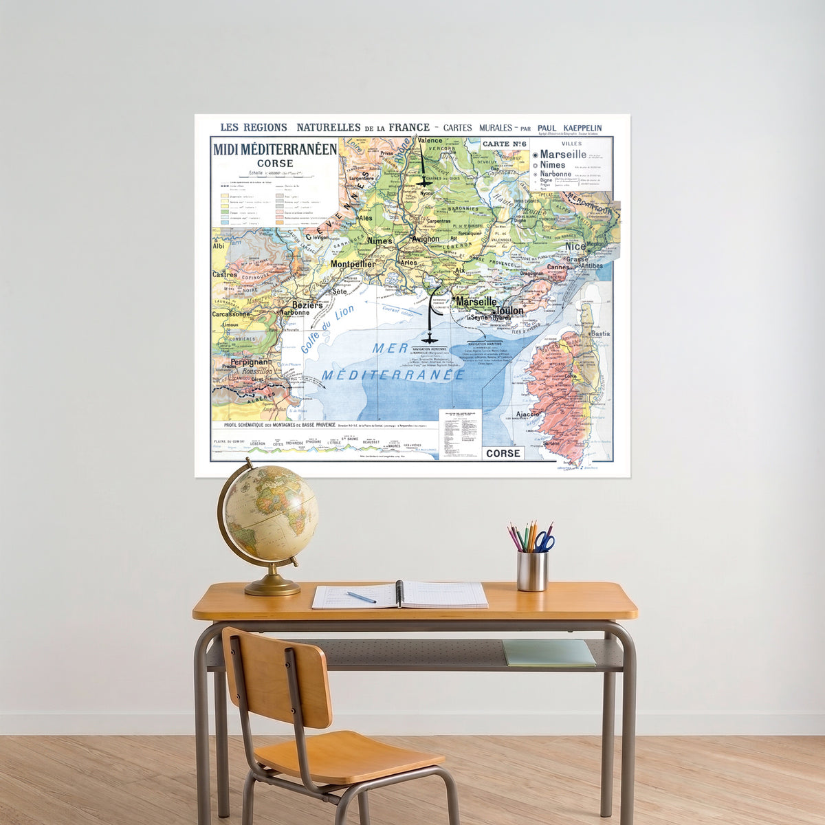 Carte Paul Kaeppelin 6 - MIDI MEDITERRANEEN ET CORSE - VILLES - 120 x 100 cm (reproduction ancienne carte scolaire)
