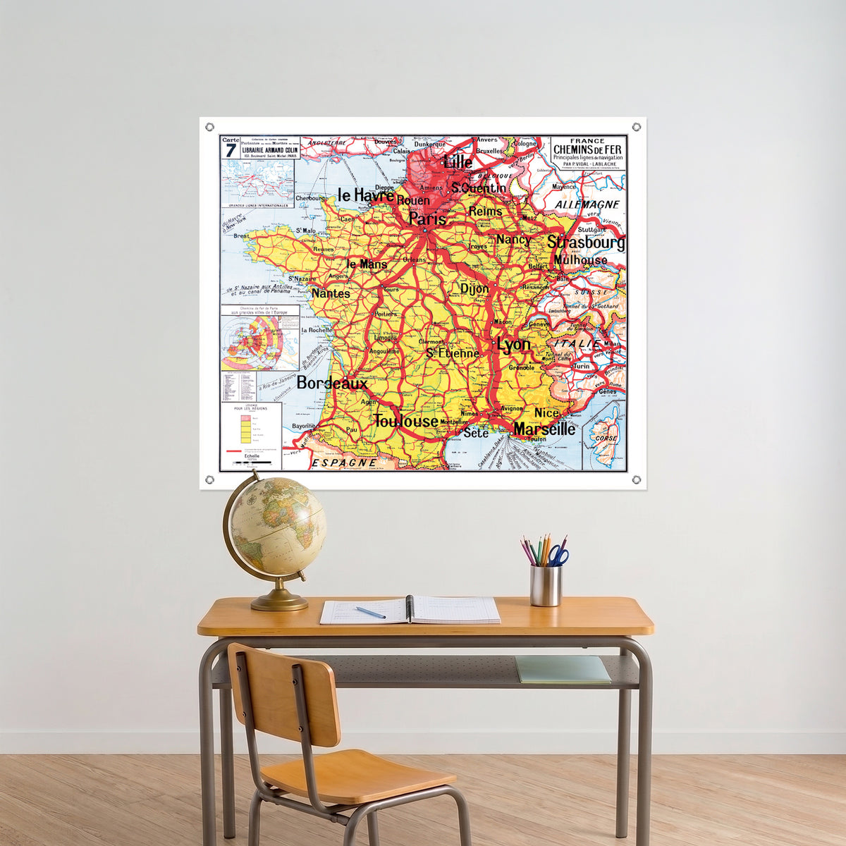 Carte Vidal Lablache 7 - FRANCE CHEMINS DE FER - 120 x 100 cm (reproduction ancienne carte scolaire)
