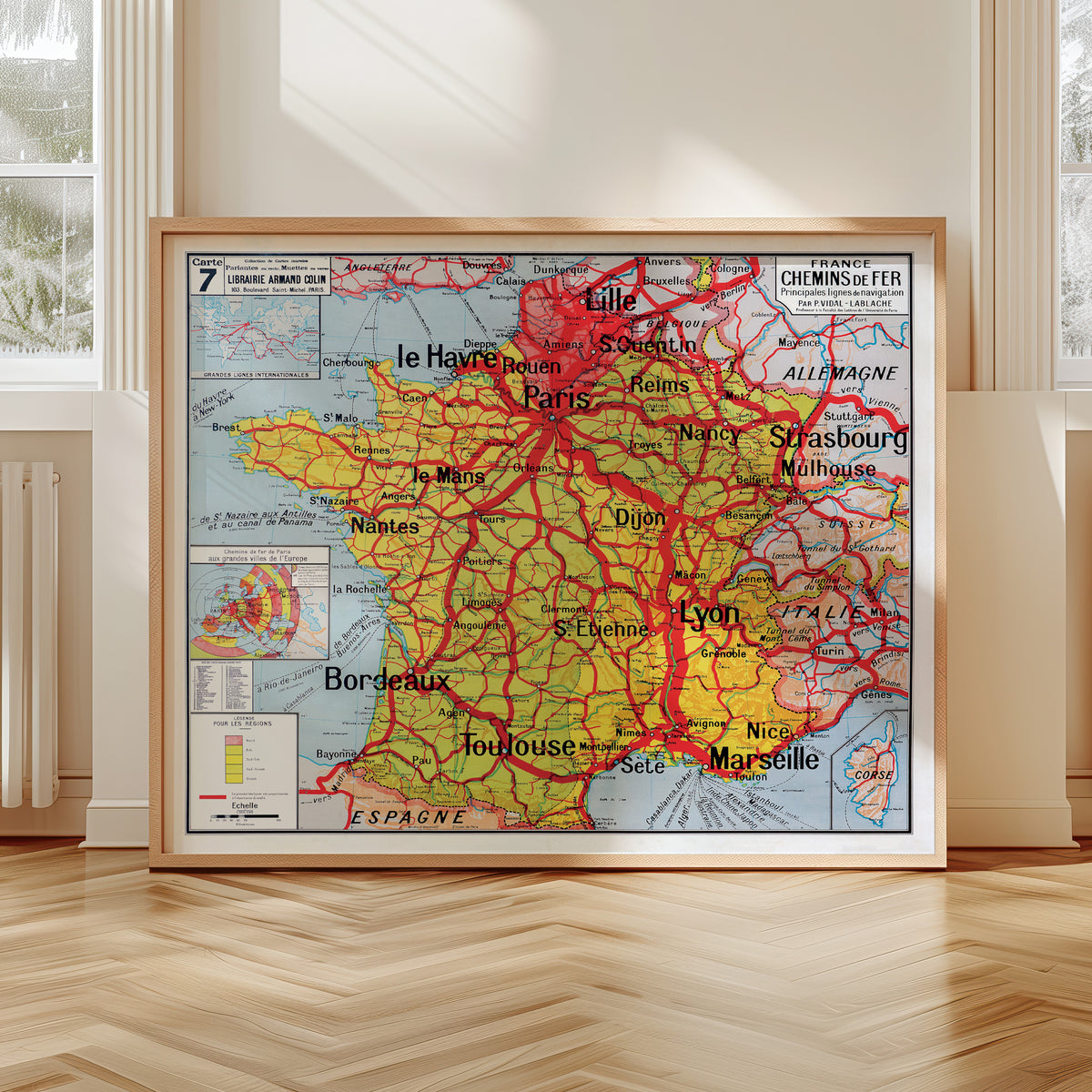 Carte Vidal Lablache 7 - FRANCE CHEMINS DE FER - 120 x 100 cm (reproduction ancienne carte scolaire)