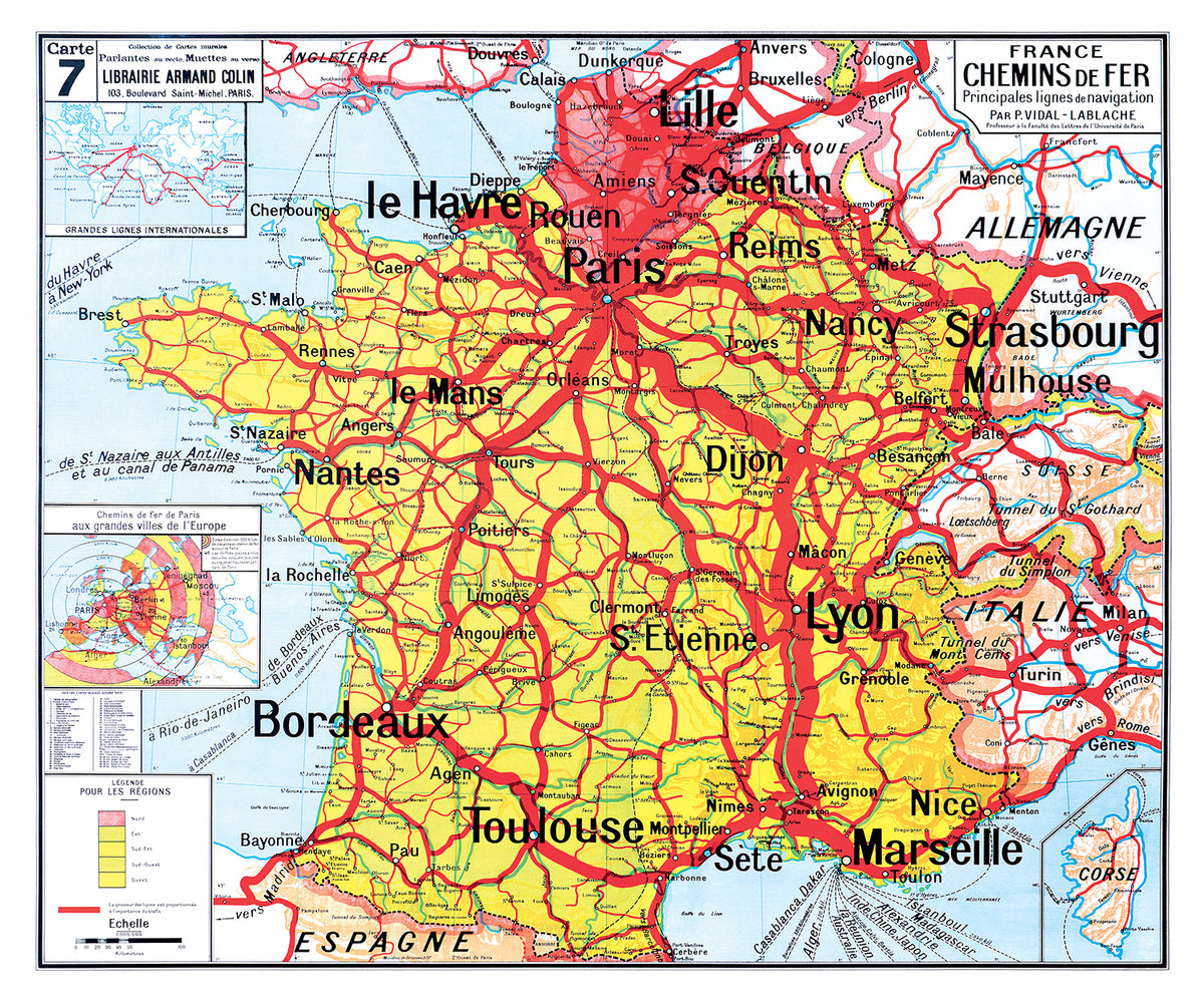 Carte Vidal Lablache 7 - FRANCE CHEMINS DE FER - 120 x 100 cm (reproduction ancienne carte scolaire)