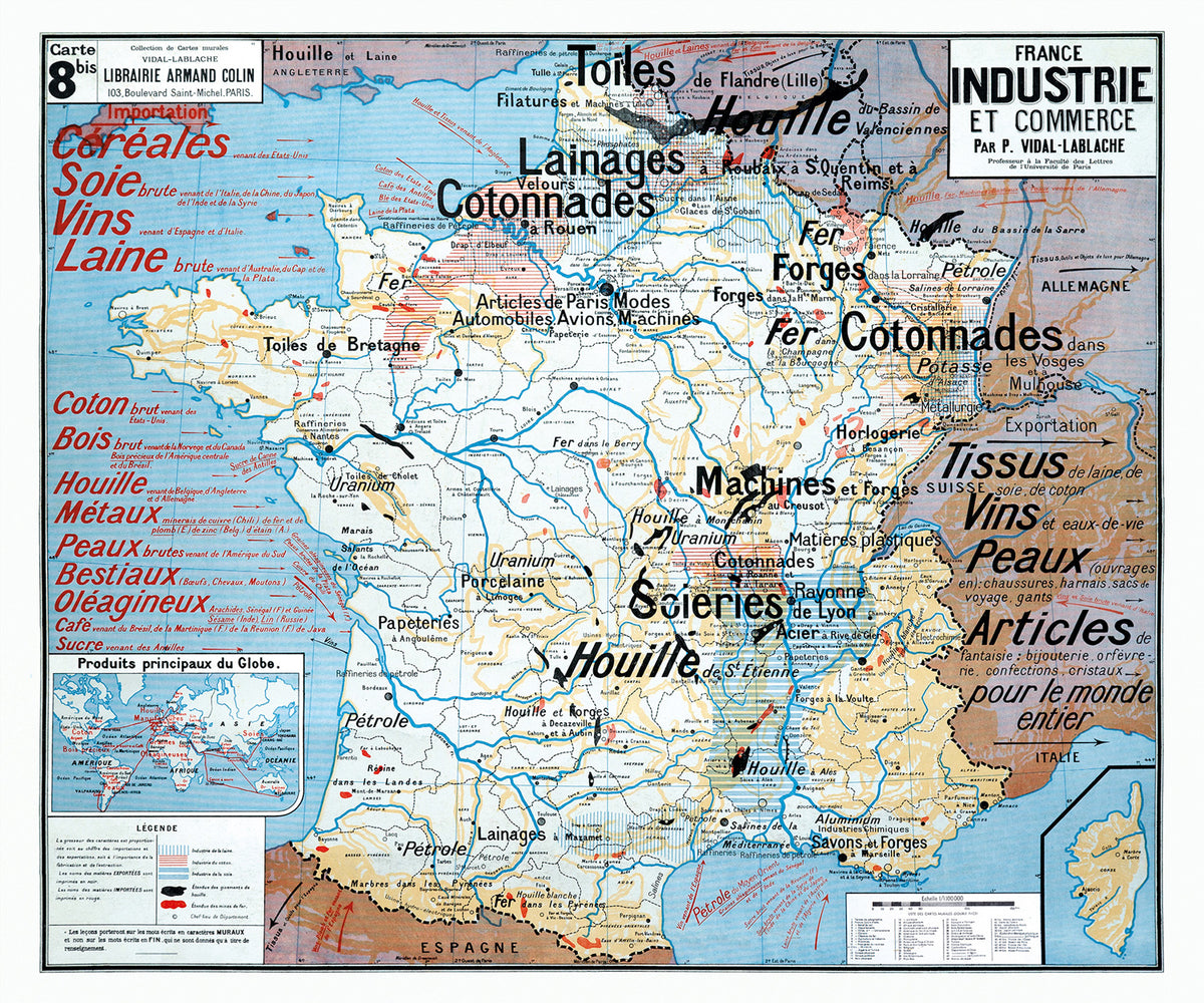 Carte Vidal Lablache 8 BIS - FRANCE INDUSTRIE ET COMMERCE - 120 x 100 cm (reproduction ancienne carte scolaire)