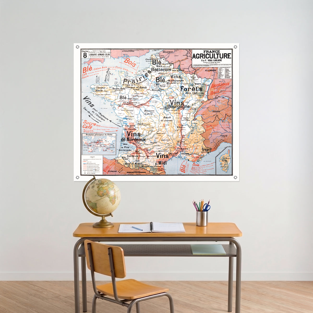 Carte Vidal Lablache 8 - FRANCE AGRICULTURE - 120 x 100 cm (reproduction ancienne carte scolaire)