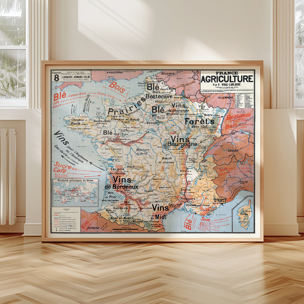 Carte Vidal Lablache 8 - FRANCE AGRICULTURE - 120 x 100 cm (reproduction ancienne carte scolaire)