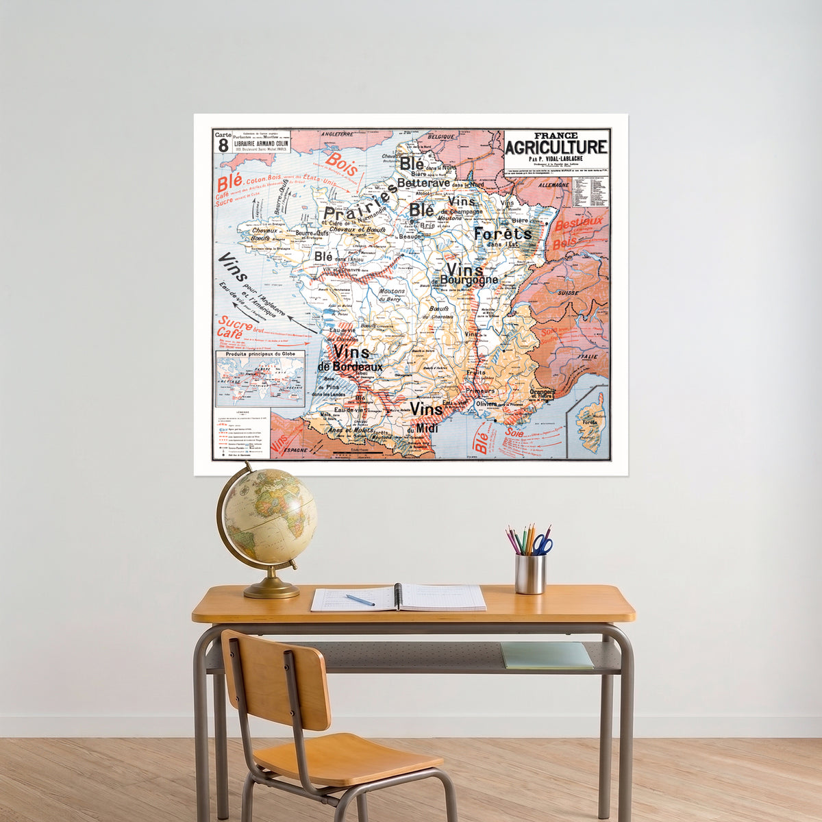 Carte Vidal Lablache 8 - FRANCE AGRICULTURE - 120 x 100 cm (reproduction ancienne carte scolaire)