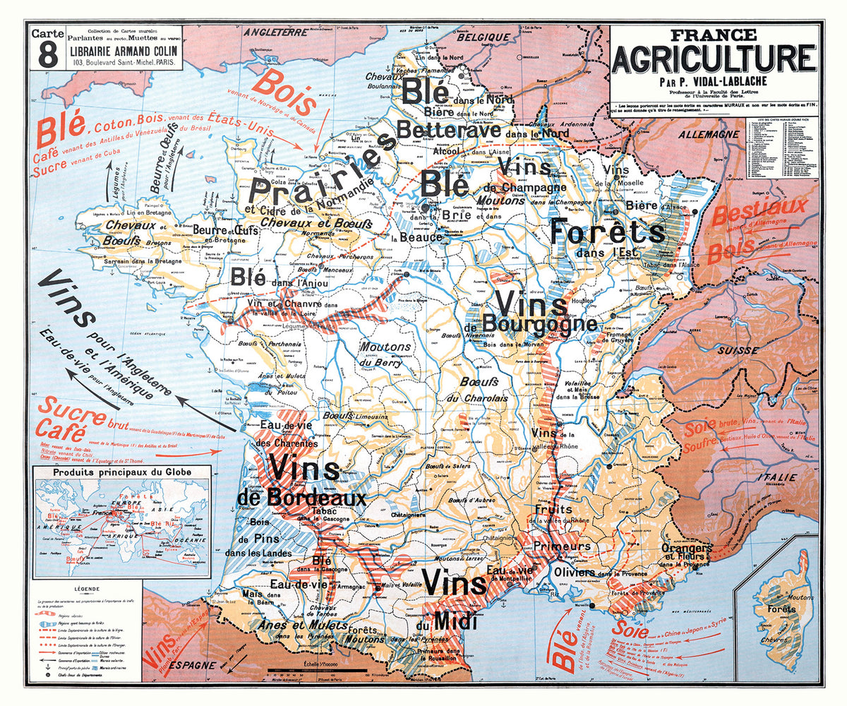 Carte Vidal Lablache 8 - FRANCE AGRICULTURE - 120 x 100 cm (reproduction ancienne carte scolaire)