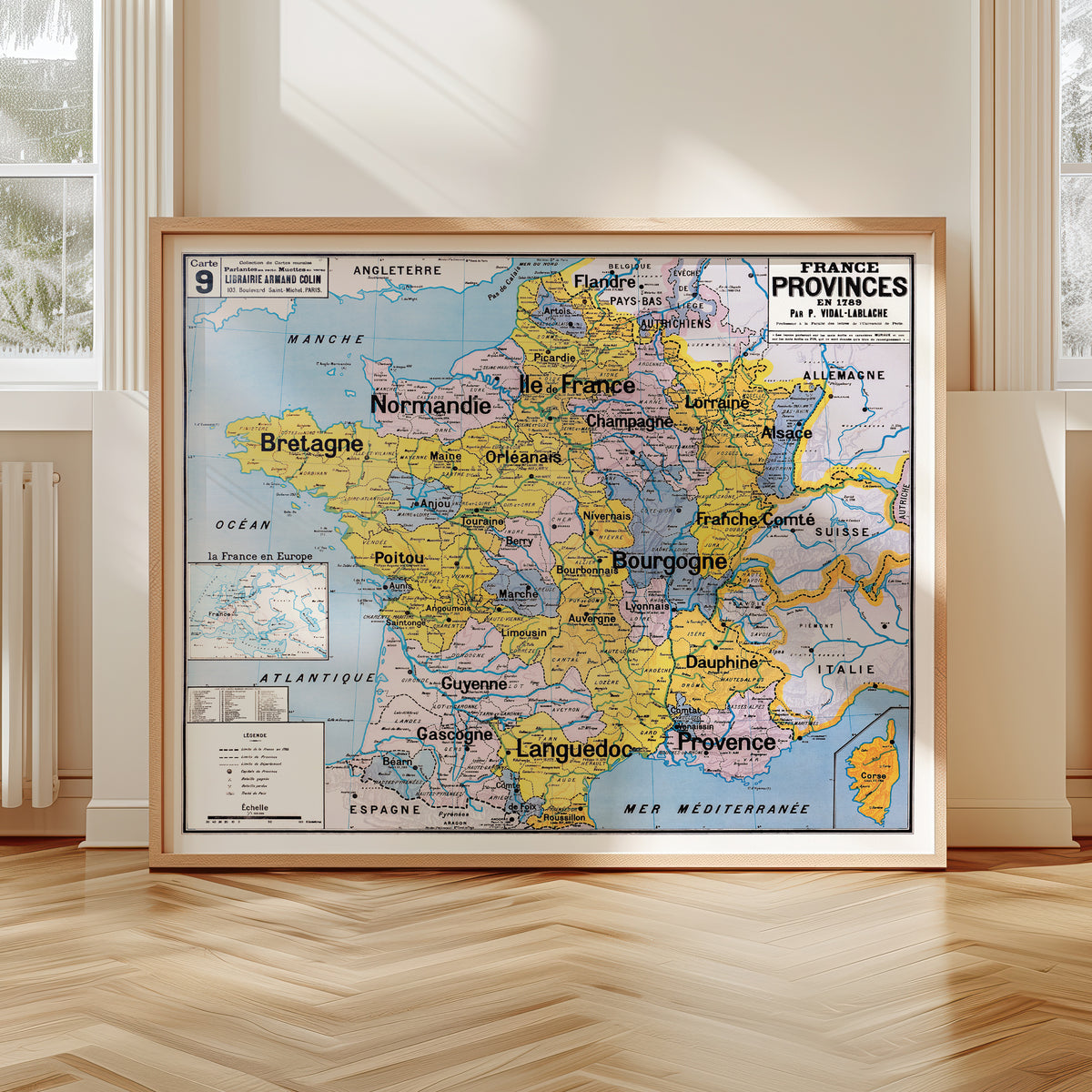 Carte Vidal Lablache 9 - FRANCE PROVINCES EN 1789 - 120 x 100 cm (reproduction ancienne carte scolaire)