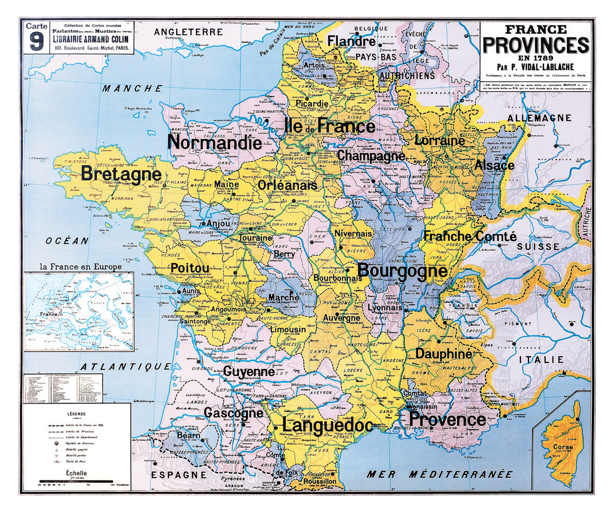 Carte Vidal Lablache 9 - FRANCE PROVINCES EN 1789 - 120 x 100 cm (reproduction ancienne carte scolaire)