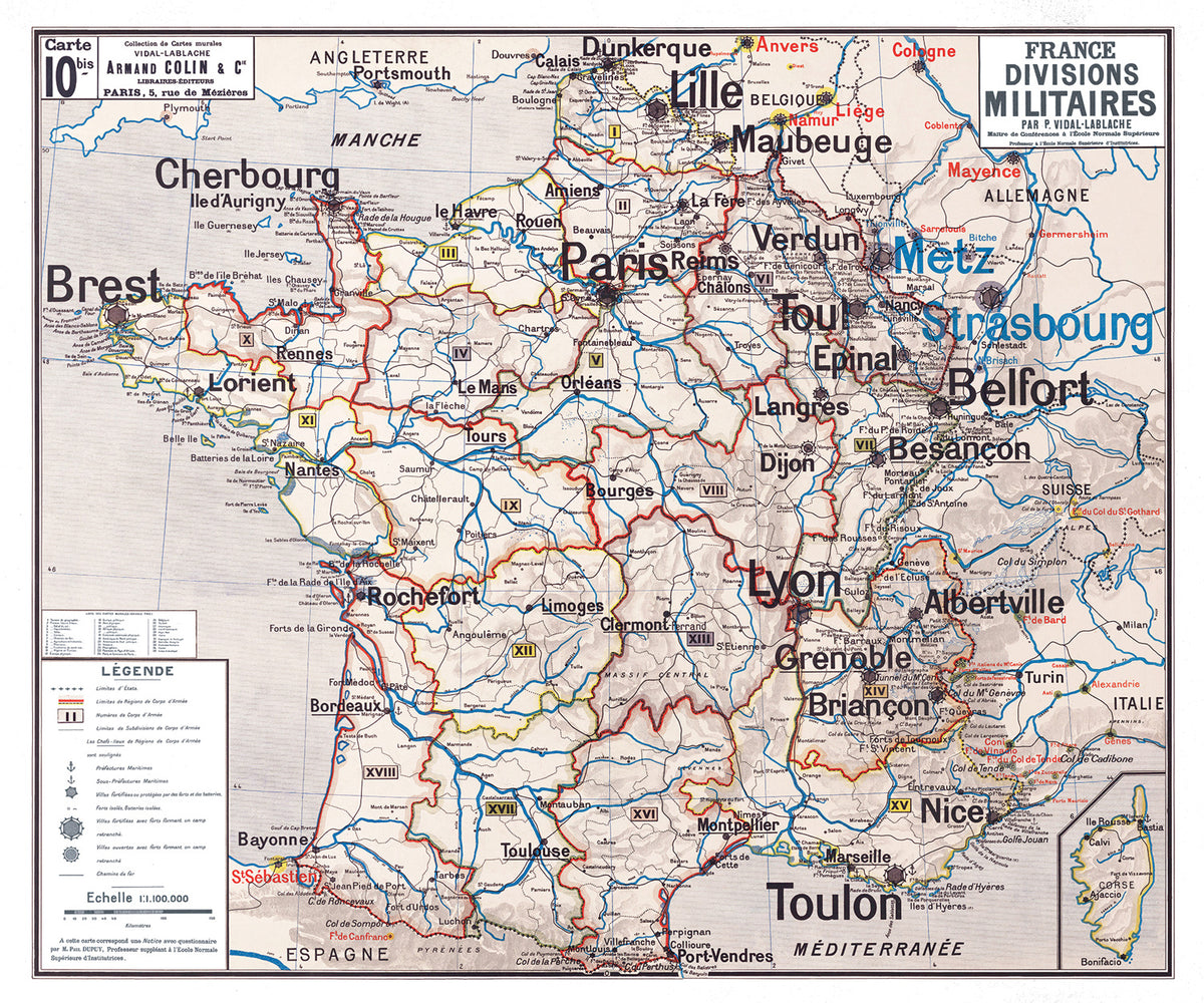 Carte Vidal Lablache 10 BIS - FRANCE DIVISIONS MILITAIRES - 120 x 100 cm (reproduction ancienne carte scolaire)