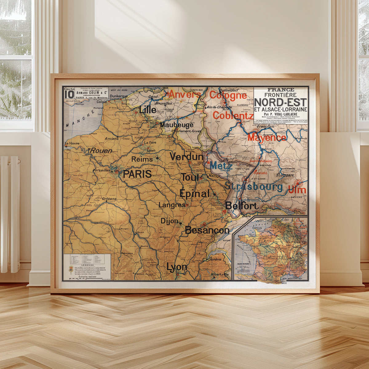 Carte Vidal Lablache 10 - FRANCE FRONTIERE NORD EST ET ALSACE LORRAINE - 120 x 100 cm (reproduction ancienne carte scolaire)
