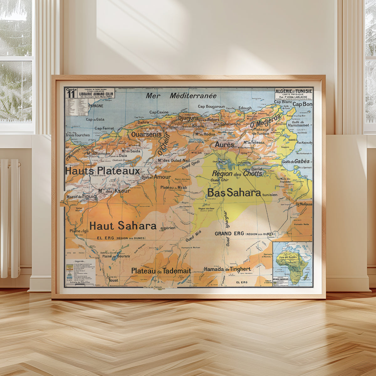 Carte Vidal Lablache 11 - ALGERIE ET TUNISIE PHYSIQUE - 120 x 100 cm (reproduction ancienne carte scolaire)