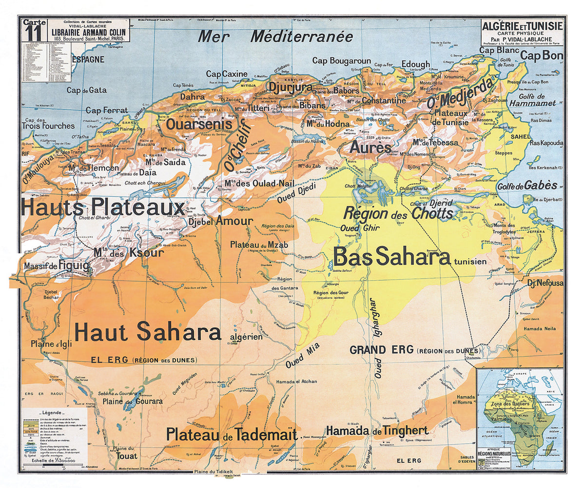 Carte Vidal Lablache 11 - ALGERIE ET TUNISIE PHYSIQUE - 120 x 100 cm (reproduction ancienne carte scolaire)