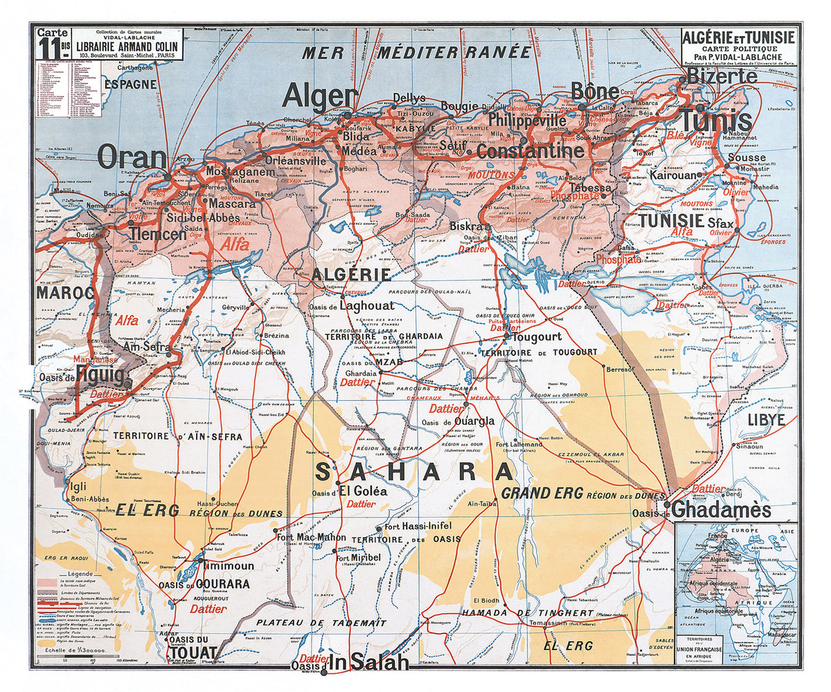Carte Vidal Lablache 11 BIS - ALGERIE ET TUNISIE POLITIQUE - 120 x 100 cm (reproduction ancienne carte scolaire)