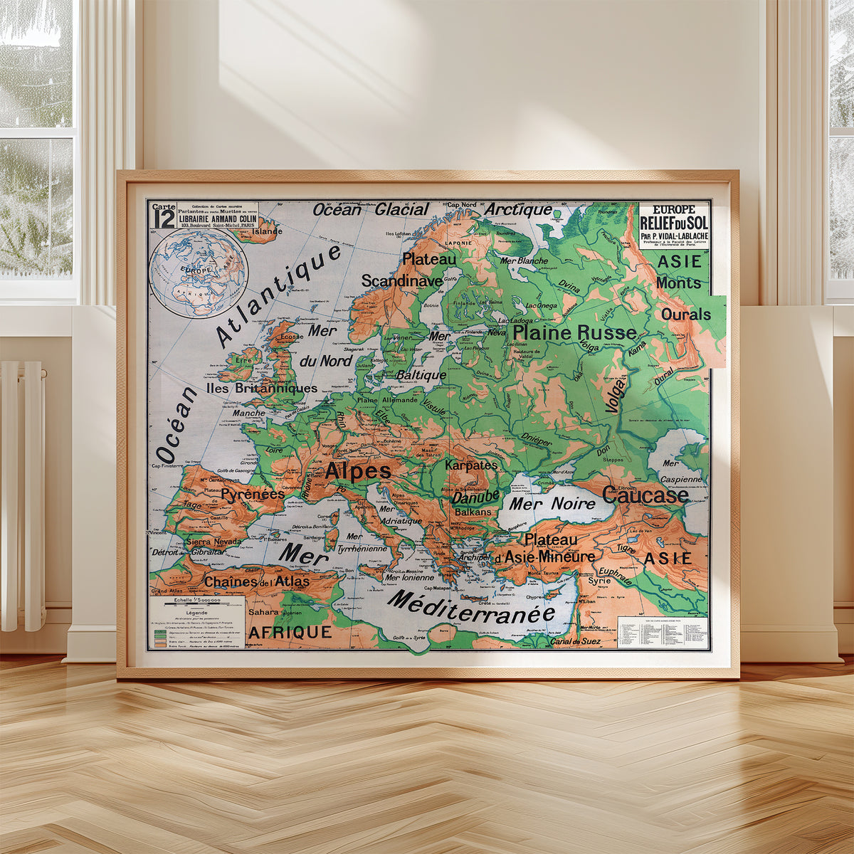 Carte Vidal Lablache 12 - EUROPE RELIEF DU SOL - 120 x 100 cm (reproduction ancienne carte scolaire)