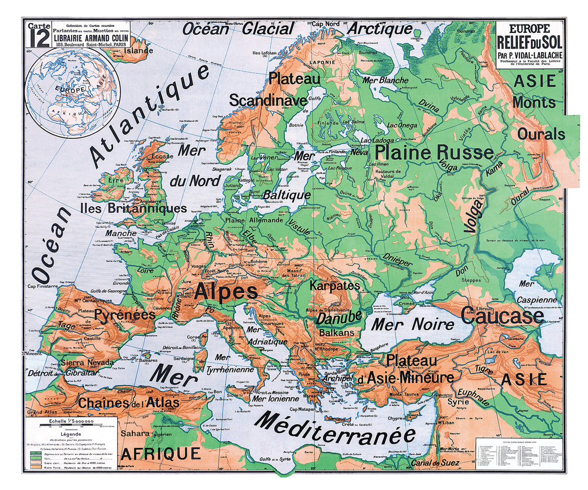 Carte Vidal Lablache 12 - EUROPE RELIEF DU SOL - 120 x 100 cm (reproduction ancienne carte scolaire)