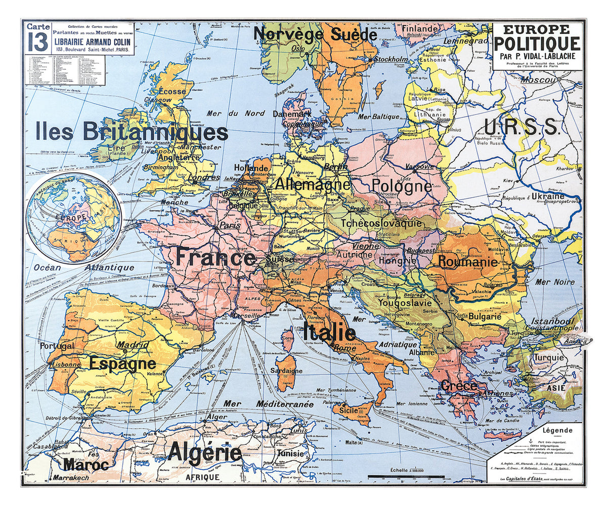 Carte Vidal Lablache 13 - EUROPE POLITIQUE - 120 x 100 cm (reproduction ancienne carte scolaire)