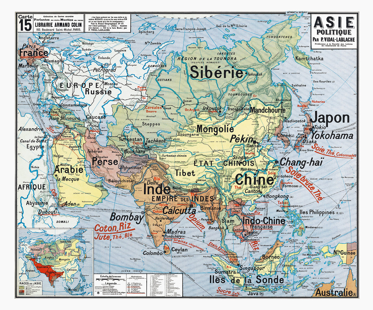 Carte Vidal Lablache 15 - ASIE POLITIQUE - 120 x 100 cm (reproduction ancienne carte scolaire)