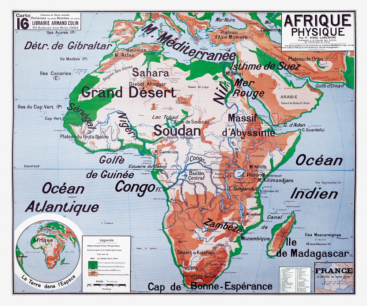 Carte Vidal Lablache 16 - AFRIQUE PHYSIQUE - 120 x 100 cm (reproduction ancienne carte scolaire)