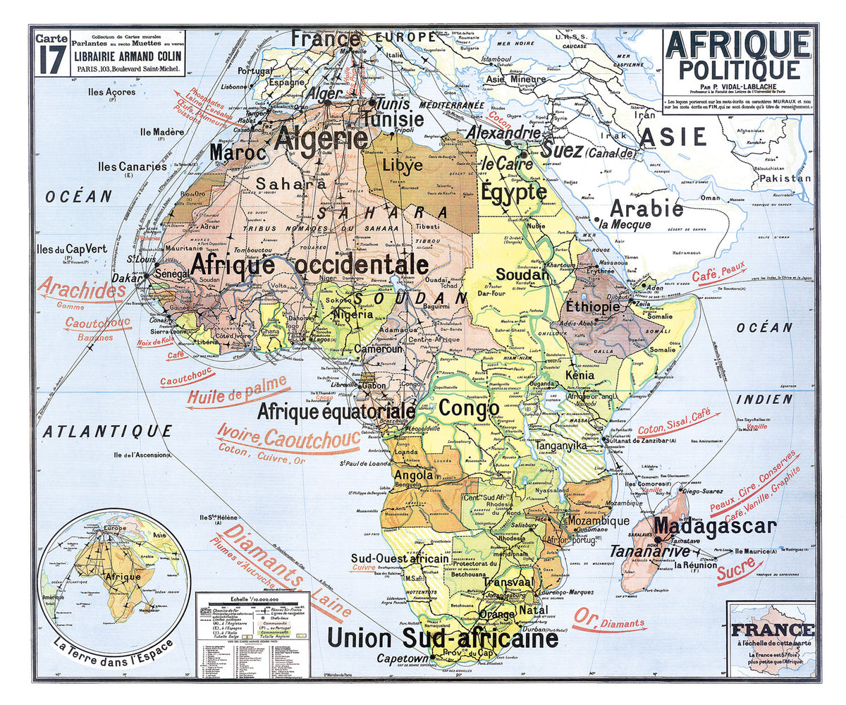 Carte Vidal Lablache 17 - AFRIQUE POLITIQUE - 120 x 100 cm (reproduction ancienne carte scolaire)