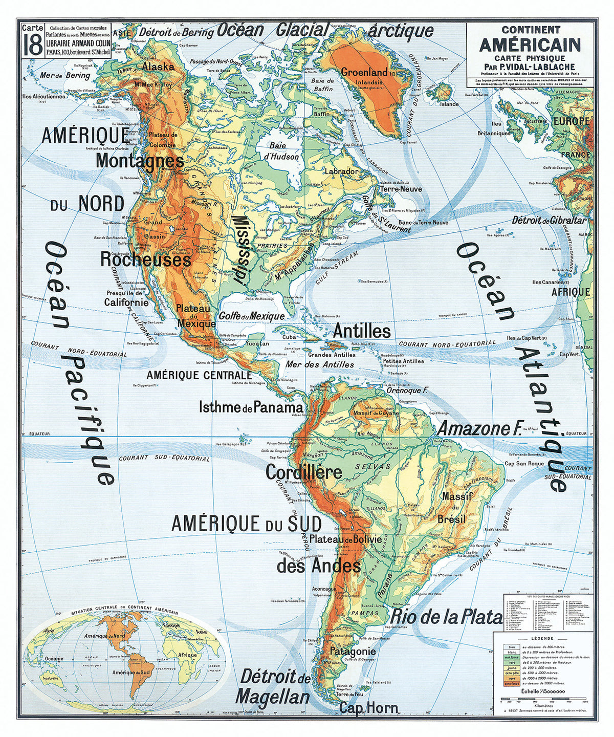 Carte Vidal Lablache 18 - CONTINENT AMERICAIN - PHYSIQUE - 100 x 120 cm (reproduction ancienne carte scolaire)
