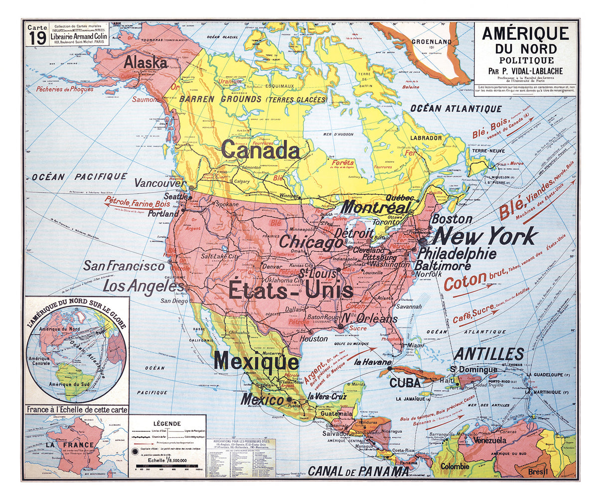 Carte Vidal Lablache 19 - AMERIQUE DU NORD - POLITIQUE - 120 x 100 cm (reproduction ancienne carte scolaire)