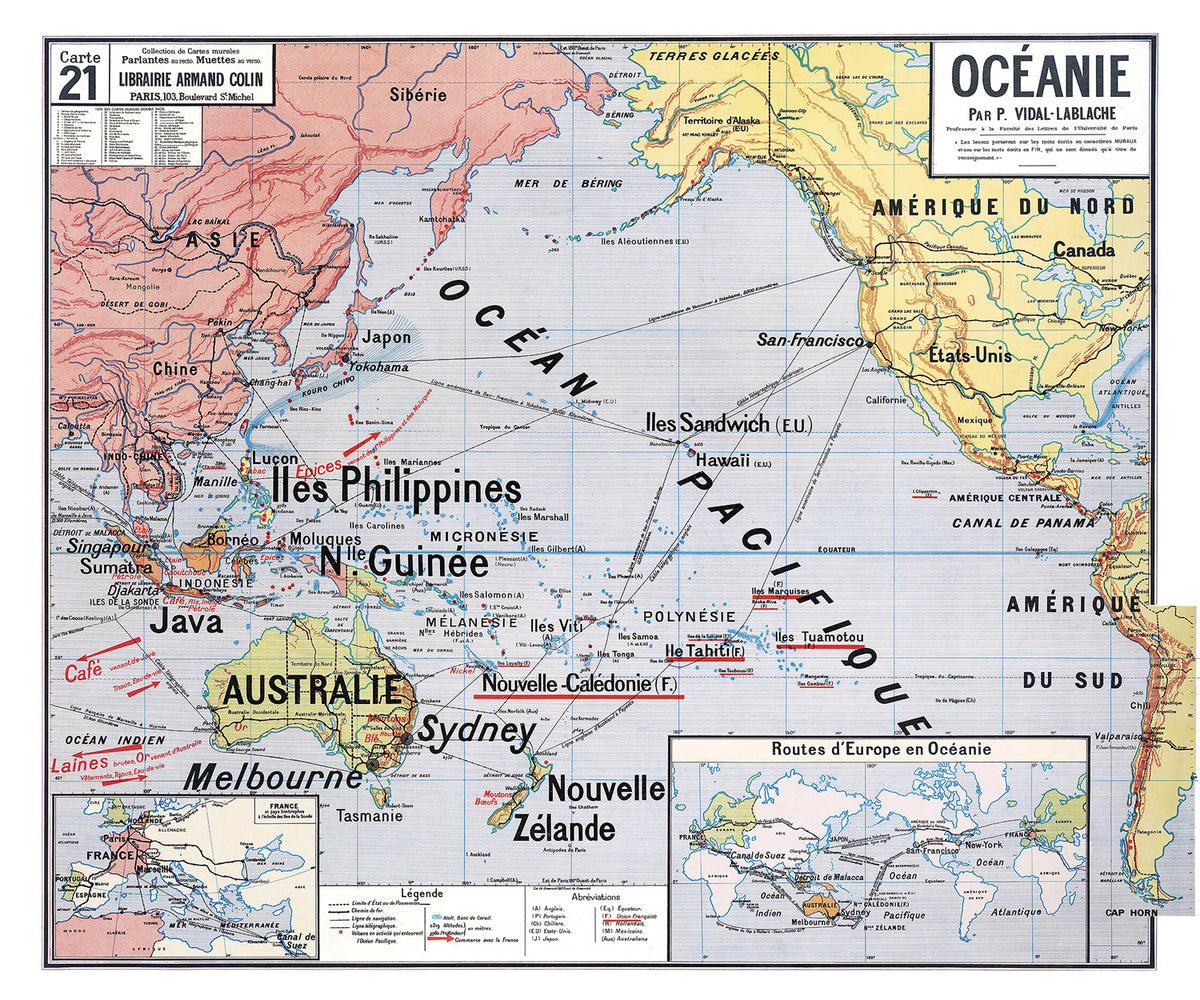 Carte Vidal Lablache 21 - OCEANIE - 120 x 100 cm (reproduction ancienne carte scolaire)