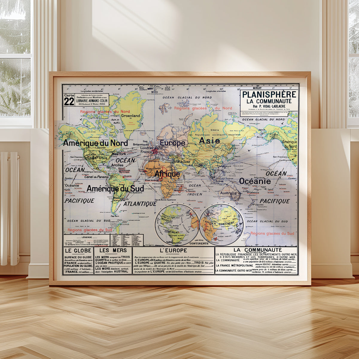Carte Vidal Lablache 22 - PLANISPHERE LA COMMUNAUTE - 120 x 100 cm (reproduction ancienne carte scolaire)