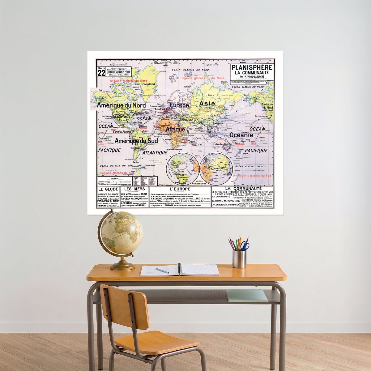 Carte Vidal Lablache 22 - PLANISPHERE LA COMMUNAUTE - 120 x 100 cm (reproduction ancienne carte scolaire)