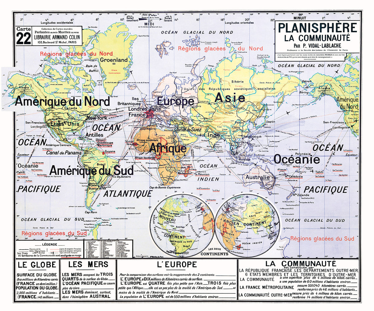 Carte Vidal Lablache 22 - PLANISPHERE LA COMMUNAUTE - 120 x 100 cm (reproduction ancienne carte scolaire)
