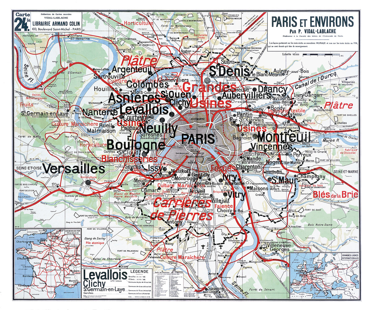 Carte Vidal Lablache 24 BIS - PARIS ET ENVIRONS - 120 x 100 cm (reproduction ancienne carte scolaire)