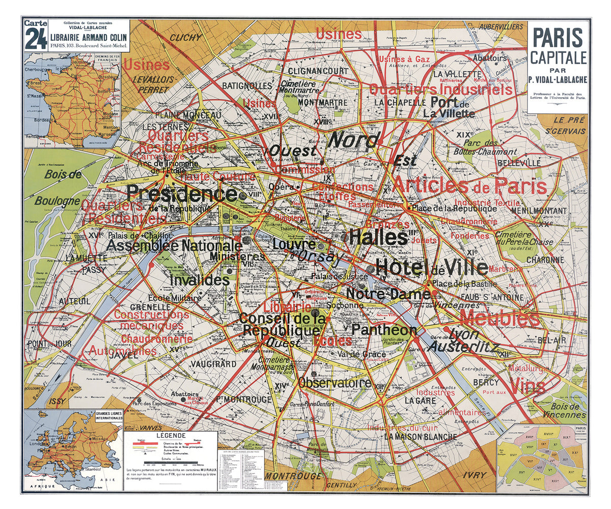 Carte Vidal Lablache 24 - PARIS CAPITALE - 120 x 100 cm (reproduction ancienne carte scolaire)